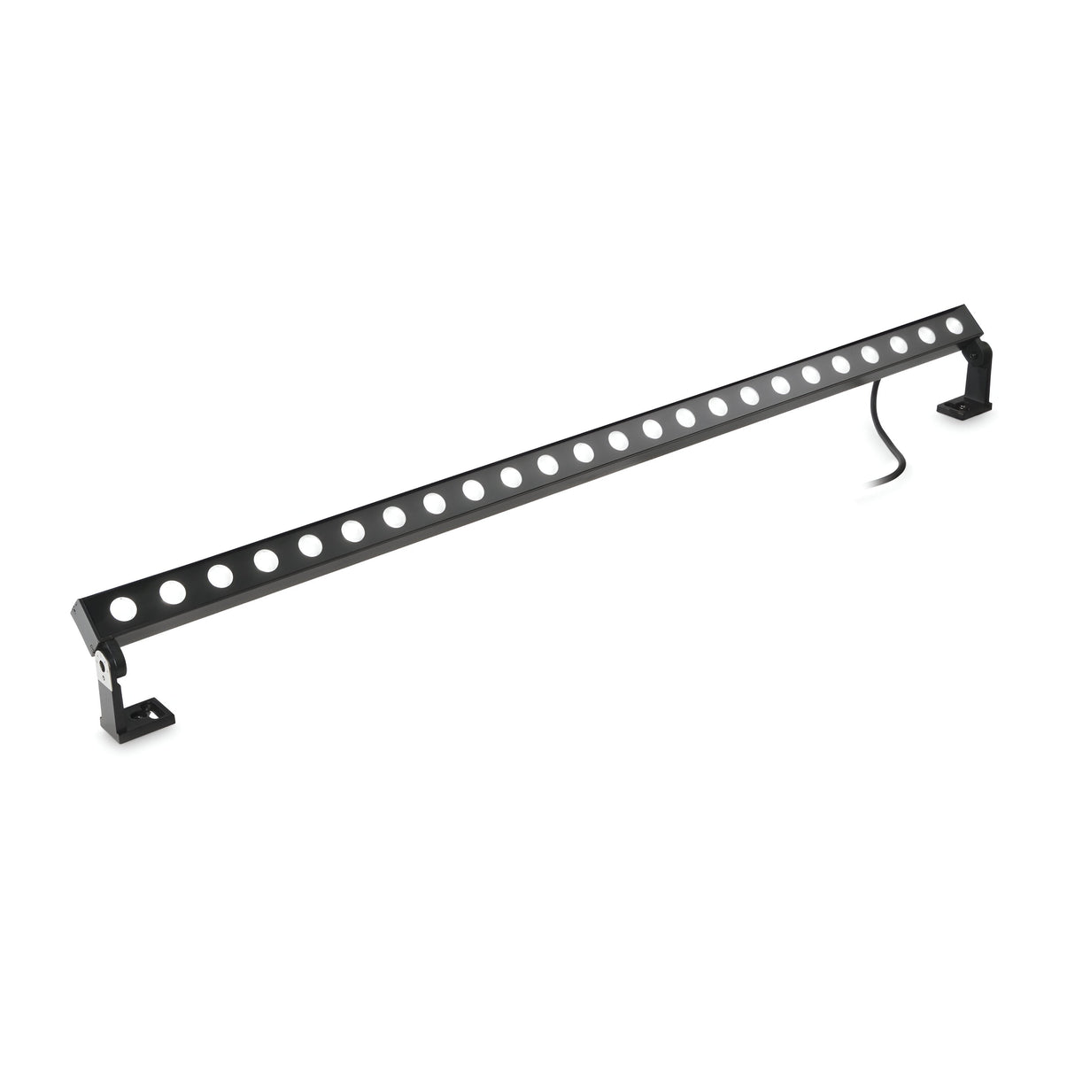 The Alfaisis LED Outdoor Landscape Ground Light 18W 4000K in grey features multiple circular light openings aligned in a row. Supported at each end by angled brackets, it is designed for garden illumination with its IP65 waterproof rating. A cord extends from one side for easy power connection, set against a plain white background.