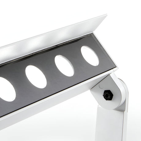 Close-up of an Alfaisis LED Outdoor Landscape Ground Light, featuring a sleek and modern, energy-efficient design. This 18W white fixture with circular cutouts and a pivot joint allows for adjustable angles, making it perfect against the plain white background at 100cm tall.