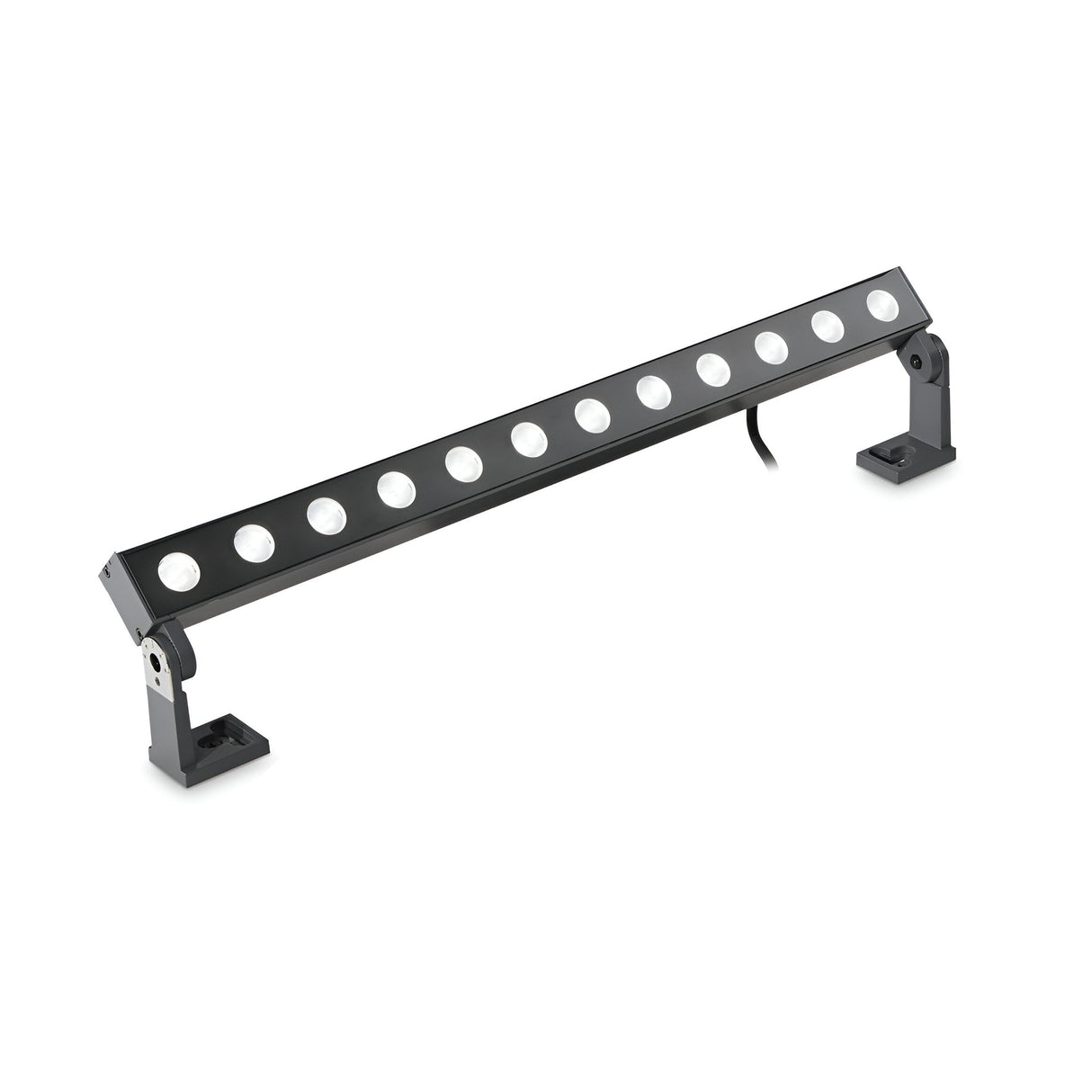 The Alfaisis LED Outdoor Landscape Ground Light 18W in Grey (50cm) features a sleek design with multiple evenly spaced round bulbs. It comes with adjustable mounting brackets on each end, a power cord at the back, and emits a neutral white light of 4000K. With an IP65 rating, it is ideal for various outdoor lighting applications.