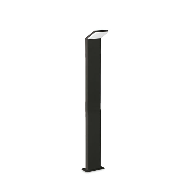 The Brillix Outdoor LED Bollard Light in black features a sleek, modern design with a minimalist rectangular base and angled light fixture. At 100cm tall, it effortlessly enhances garden lighting and serves as stylish exterior illumination with its slim pole supporting the light fixture.