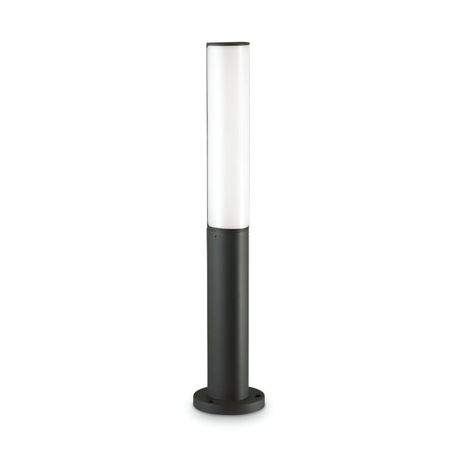 Introducing the Glintis Outdoor LED Bollard Light: a stylish and contemporary lighting solution featuring a cylindrical white light shade atop a black base. Its sleek, modern design emits 3000K energy-efficient lighting, making it an ideal choice for diverse interior styles.