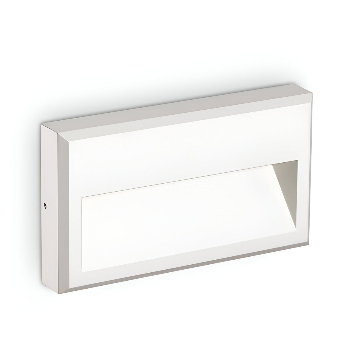 The Arcana-1 LED Outdoor Wall Light 6W 4000K in white is a minimalist rectangular fixture that features a cutout section for illumination, delivering energy-efficient brightness. With its clean lines and modern design, it mounts seamlessly against a plain white background.
