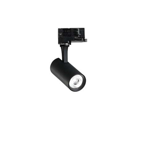 The Ignis LED Three Phase Track Spotlight, featuring a sleek black cylindrical design and an adjustable head, is mounted on a rectangular bracket. This spotlight, emitting a crisp 4000K with a CRI90 rating, is tailored for indoor environments like galleries or retail spaces and is presented against a plain white background.