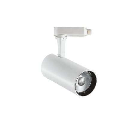 The Ignis LED Three Phase Track Spotlight 15W CRI90 4000K in white is a ceiling-mounted fixture with a cylindrical, adjustable head, designed to provide focused illumination. With its CRI90 and 4000K color temperature, it is ideal for numerous indoor settings.