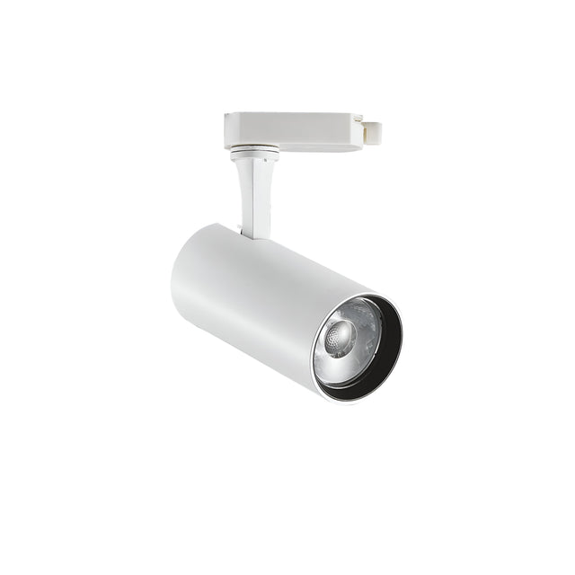 The Ignis LED Three Phase Track Spotlight 15W CRI90 4000K in white is a ceiling-mounted fixture with a cylindrical, adjustable head, designed to provide focused illumination. With its CRI90 and 4000K color temperature, it is ideal for numerous indoor settings.