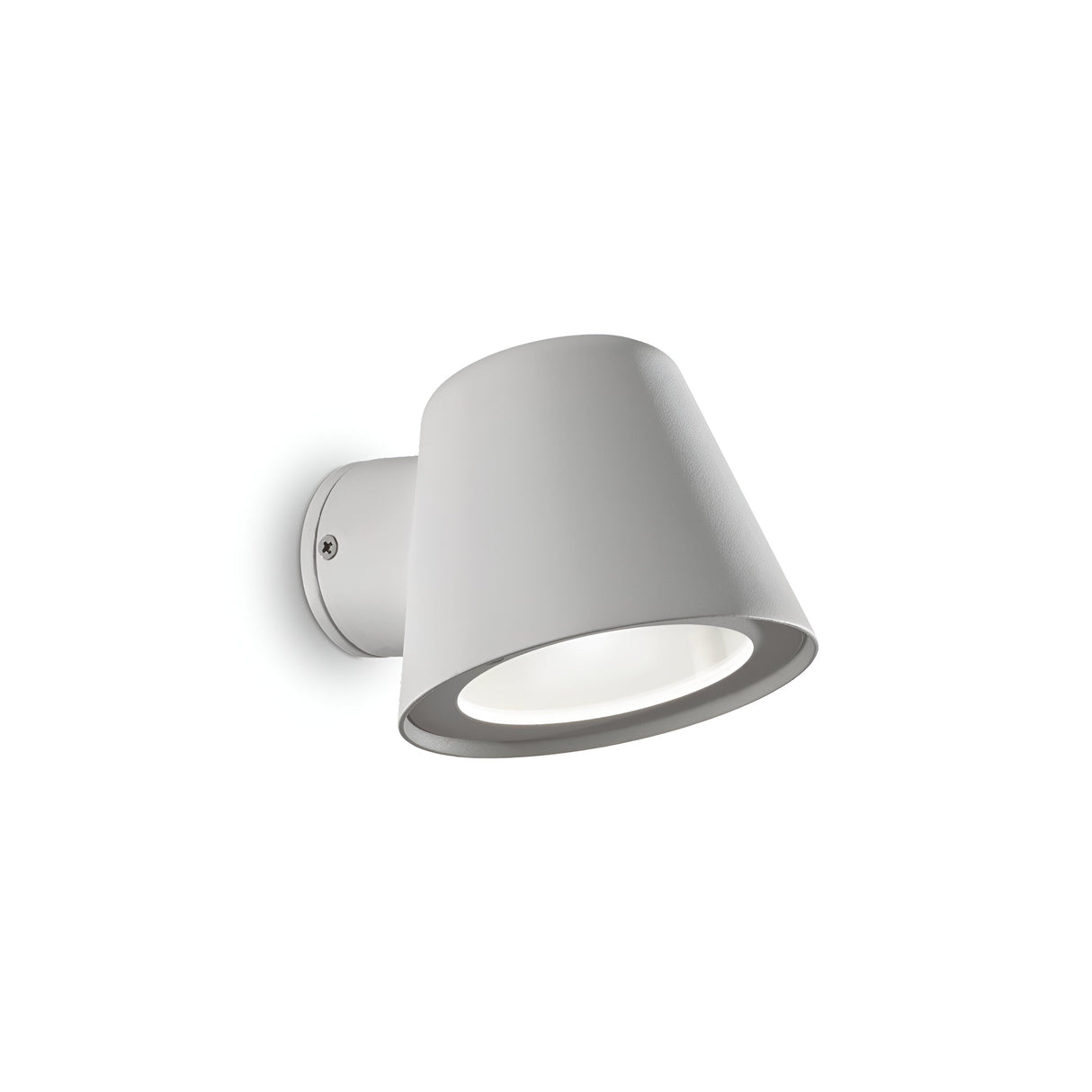 The Quasar Outdoor Wall Light in grey features a sleek, minimalist design with a white conical shade and circular base that casts soft illumination. This weather-resistant fixture elegantly enhances your exterior spaces when set against a plain white background.