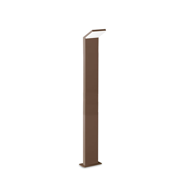 The Brillix Outdoor LED Bollard Light - Brown, 4000K, 100cm features a tall and slim modern design with a square base and an angled light fixture. Its brown finish and sleek appearance make it a perfect addition to minimalist decor, enhancing any space with its modern aesthetic.