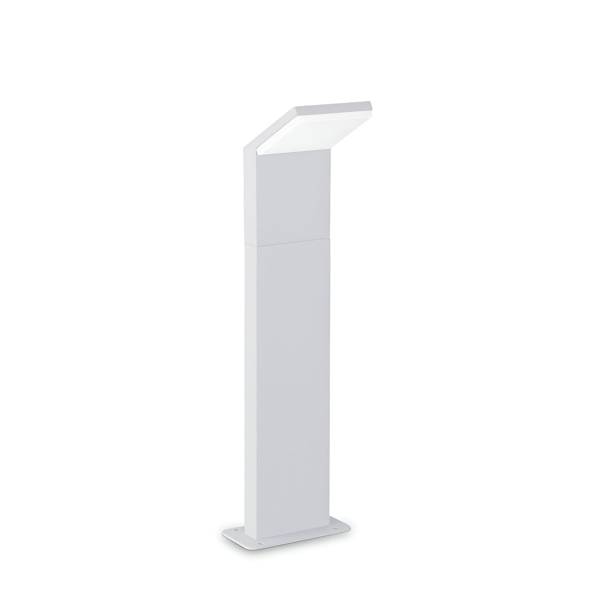 Discover the energy-efficient lighting of our Brillix Outdoor LED Bollard Light - White, 4000K, 50cm. This modern, minimalist design features a rectangular body with a slanted flat top that directs light downward. It stands confidently on a sturdy base and is equipped with an IP54 rating for reliable outdoor durability.