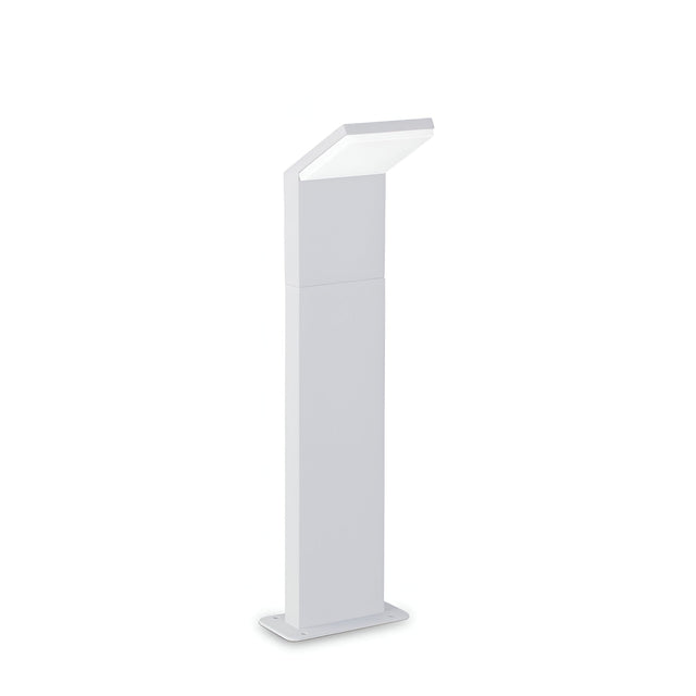 Discover the energy-efficient lighting of our Brillix Outdoor LED Bollard Light - White, 4000K, 50cm. This modern, minimalist design features a rectangular body with a slanted flat top that directs light downward. It stands confidently on a sturdy base and is equipped with an IP54 rating for reliable outdoor durability.