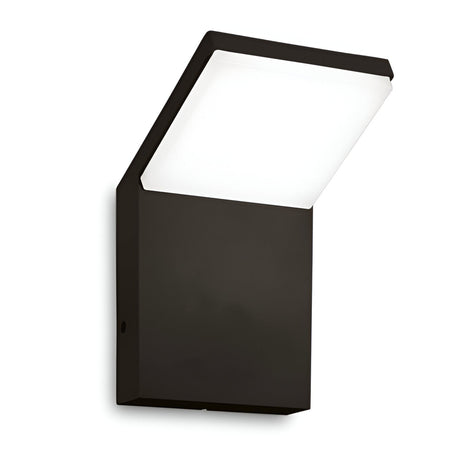 The Brillix Outdoor LED Wall Light 9W 4000K in black features a sleek, geometric design and offers energy savings with its modern style. Its angled light panel provides a soft white glow, making it ideal for enhancing any space.