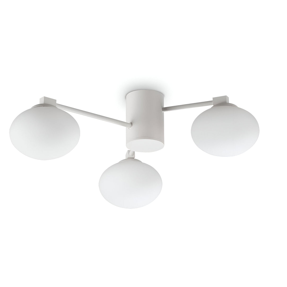 Introducing the Enigma 3 Light Semi Flush - White, 60cm, a minimalist ceiling light fixture designed with three evenly spaced spherical frosted white glass shades surrounding a central white cylindrical mount. This configuration ensures modern symmetry and elegance for any lighting solution.