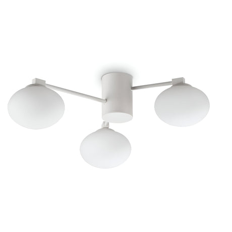 Introducing the Enigma 3 Light Semi Flush - White, 60cm, a minimalist ceiling light fixture designed with three evenly spaced spherical frosted white glass shades surrounding a central white cylindrical mount. This configuration ensures modern symmetry and elegance for any lighting solution.