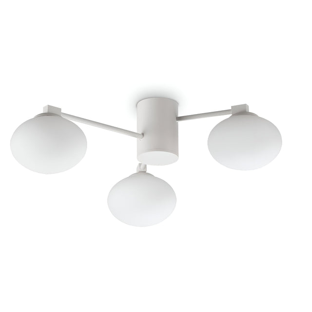 Introducing the Enigma 3 Light Semi Flush - White, 60cm, a minimalist ceiling light fixture designed with three evenly spaced spherical frosted white glass shades surrounding a central white cylindrical mount. This configuration ensures modern symmetry and elegance for any lighting solution.