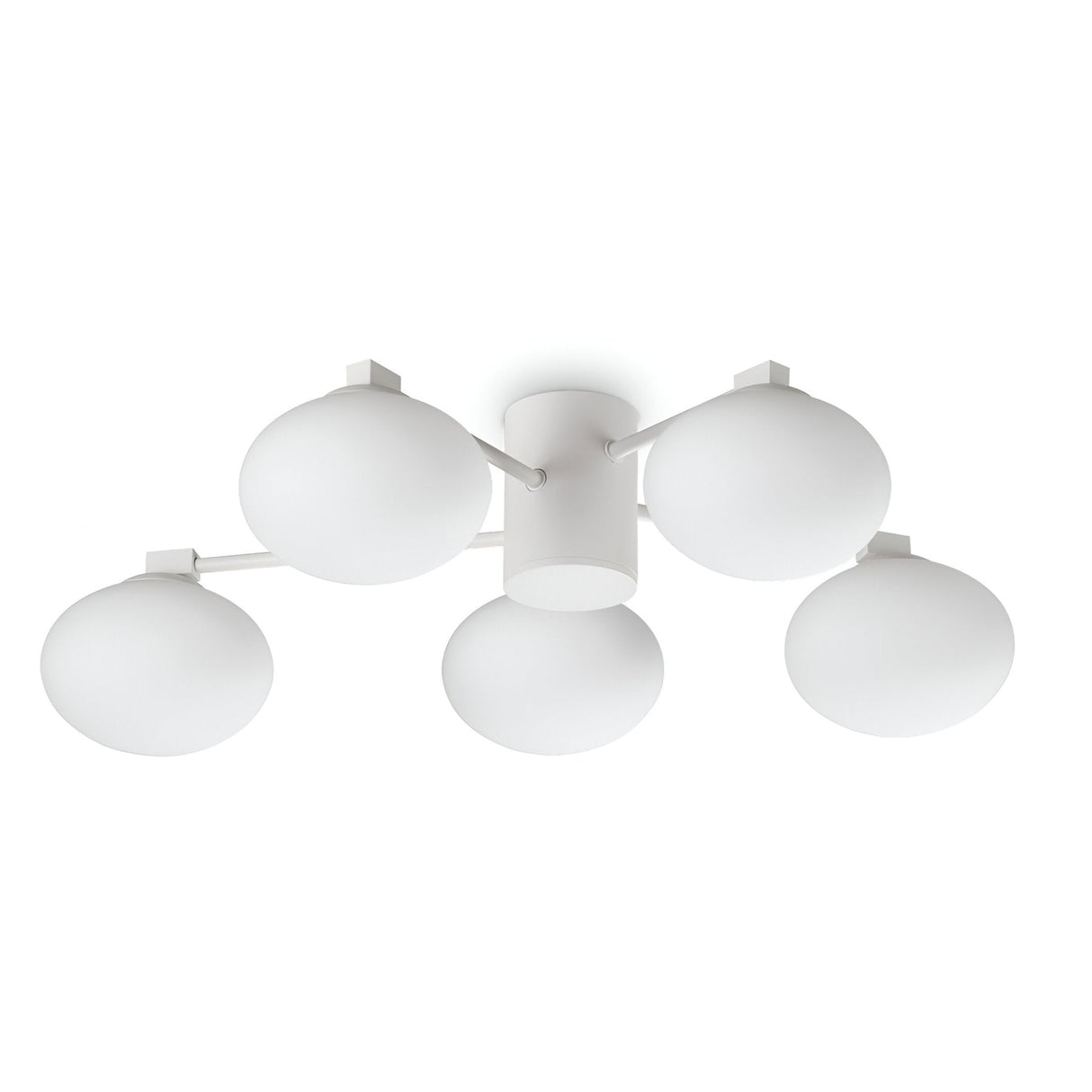 The Enigma 5 Light Semi Flush - White, 60cm ceiling fixture features a sleek, minimalist design with five spherical white bulbs arranged in a circular formation. Each bulb is connected by short white stems to a central cylindrical base, making it an ideal addition to the modern aesthetic of any space.