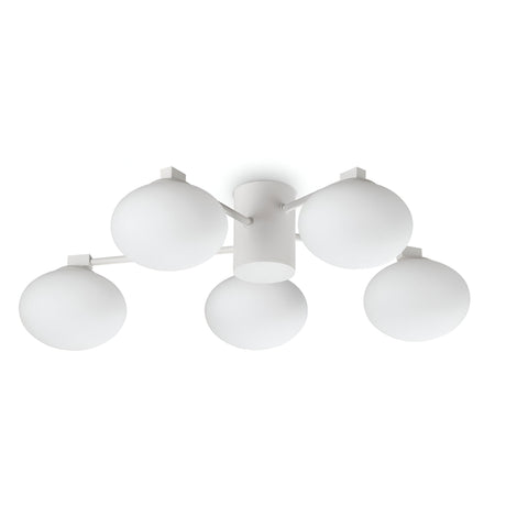 The Enigma 5 Light Semi Flush - White, 60cm ceiling fixture features a sleek, minimalist design with five spherical white bulbs arranged in a circular formation. Each bulb is connected by short white stems to a central cylindrical base, making it an ideal addition to the modern aesthetic of any space.