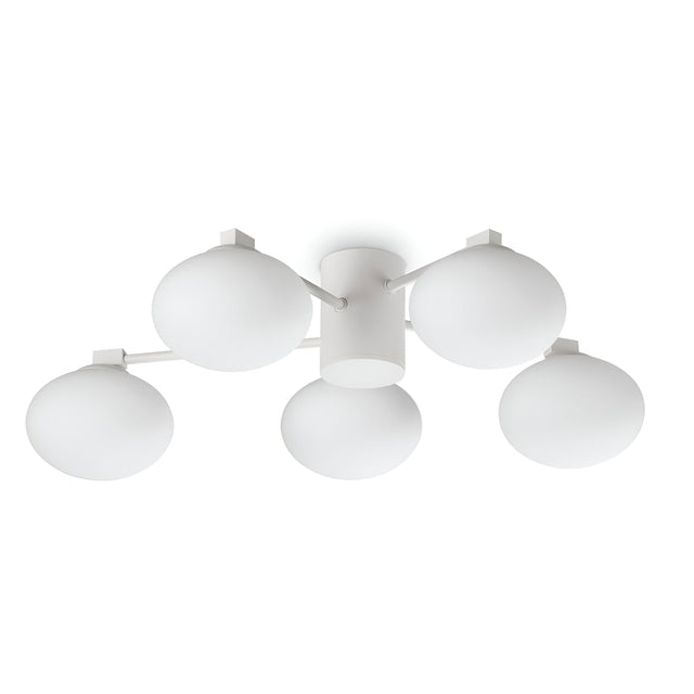 The Enigma 5 Light Semi Flush - White, 60cm ceiling fixture features a sleek, minimalist design with five spherical white bulbs arranged in a circular formation. Each bulb is connected by short white stems to a central cylindrical base, making it an ideal addition to the modern aesthetic of any space.