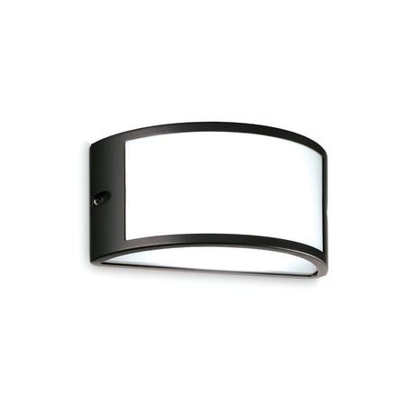The Lucera Outdoor Wall Light in black is a stylish sconce with a curved rectangular design, crafted from powder-coated aluminum and featuring a white frosted shade, perfect for outdoor use.