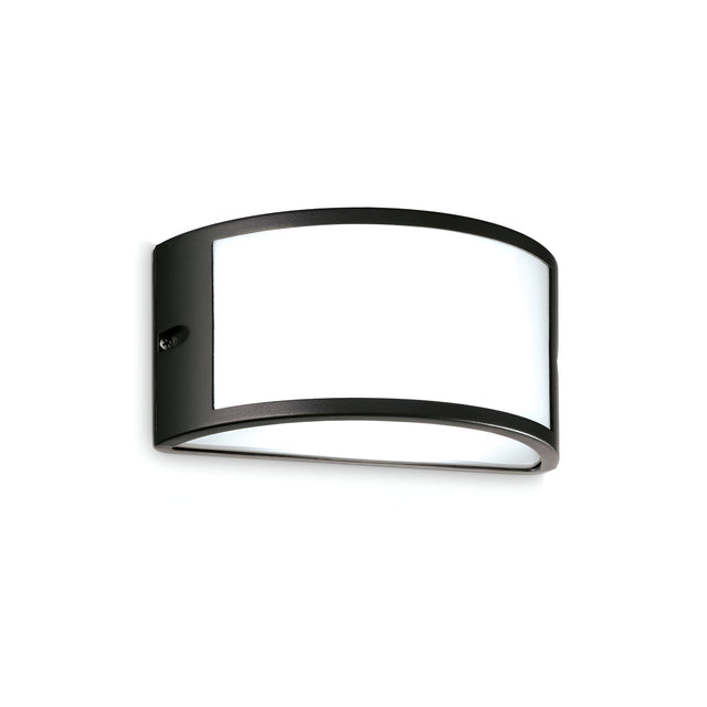 The Lucera Outdoor Wall Light in black is a stylish sconce with a curved rectangular design, crafted from powder-coated aluminum and featuring a white frosted shade, perfect for outdoor use.