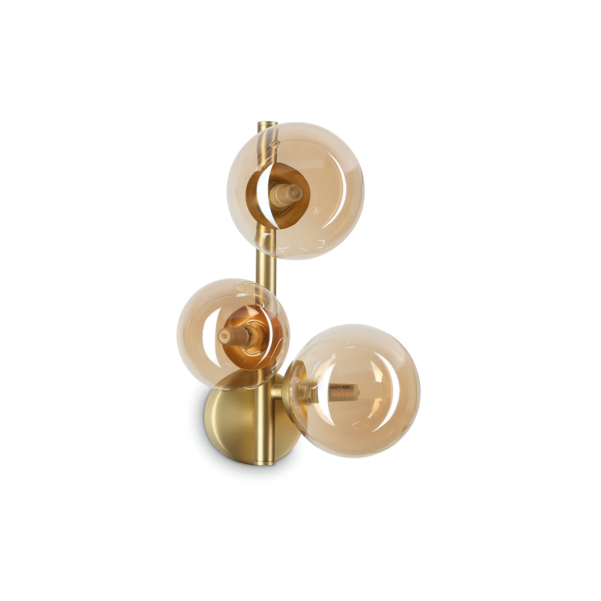 The Solana 3 Light Ceiling & Wall Light in brass showcases a modern design with three elegantly arranged round, acid-etched glass globes. Its contemporary and sophisticated appearance makes it an ideal choice for stylish interior decor as a wall-mounted fixture.