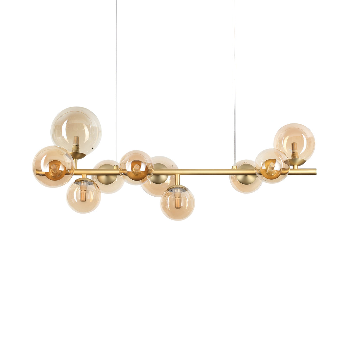 The Solana 10 Linear Suspension Light - Brass showcases a contemporary chandelier design with a satin brass finish. Its gold horizontal rod is elegantly decorated with blown glass diffusers, which are arranged asymmetrically to add an artistic touch, all gracefully suspended by two slender wires.