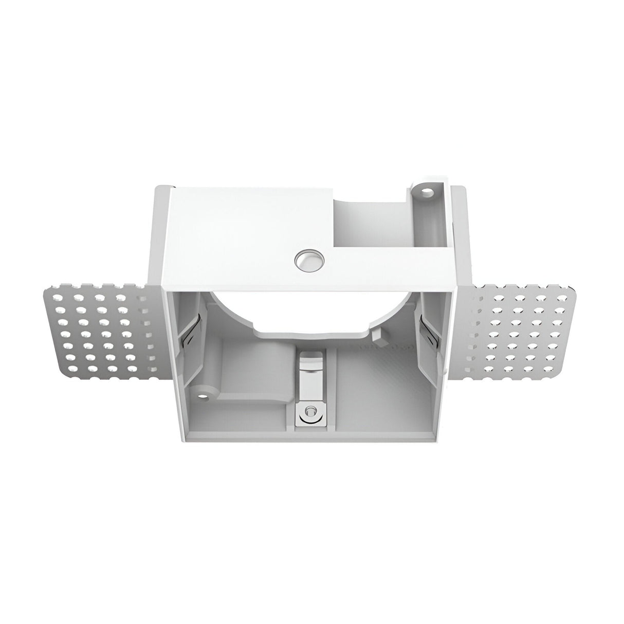 A white electrical wall box with side wings featuring perforated holes, designed for in-wall installation, is enhanced by the modern design of a Glistenis Large Trimless Square Frame For Downlight - White. The box also includes internal compartments and a central opening on top.