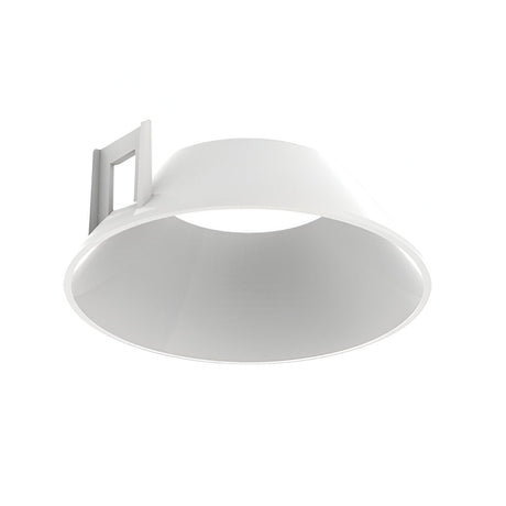 A white, conical Glistenis Reflector Round Frame 64mm, featuring a square mounting bracket on one side to enhance lighting performance, set against a plain white background.