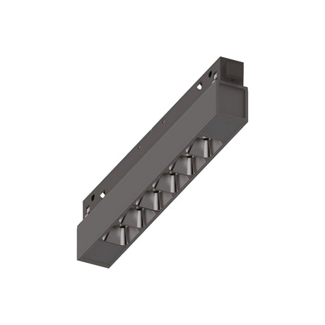 A black Luxeon LED Magnetic Linear Track Light with a sleek, minimalist design and seven watts of energy-efficient lighting at 4000K. With its multiple square-shaped light compartments and recessed installation, it adds an industrial touch to modern interiors.