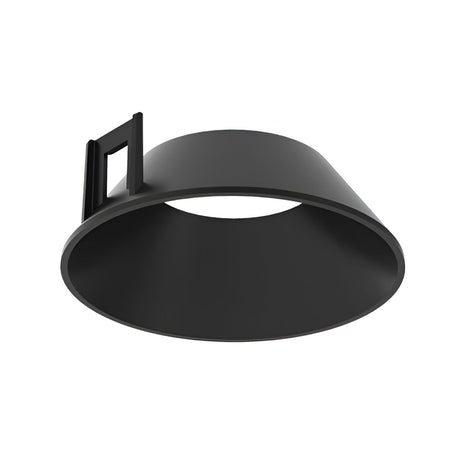 Viewed from below, the Glistenis Reflector Round Frame 64mm - Black features a conical design with a rectangular attachment structure at the top. Its minimalist and modern aesthetic is perfect for contemporary interiors, enhancing these spaces with its sleek simplicity.