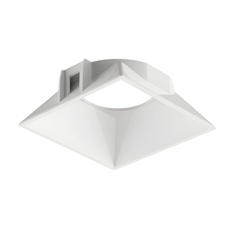 Introducing the Glistenis Reflector Square Frame 64mm in White, a sleek and futuristic ceiling light fixture boasting a square shape with angular design elements. It features a central circular opening to enhance light distribution, all set against a modern white backdrop with clean, sophisticated lines.