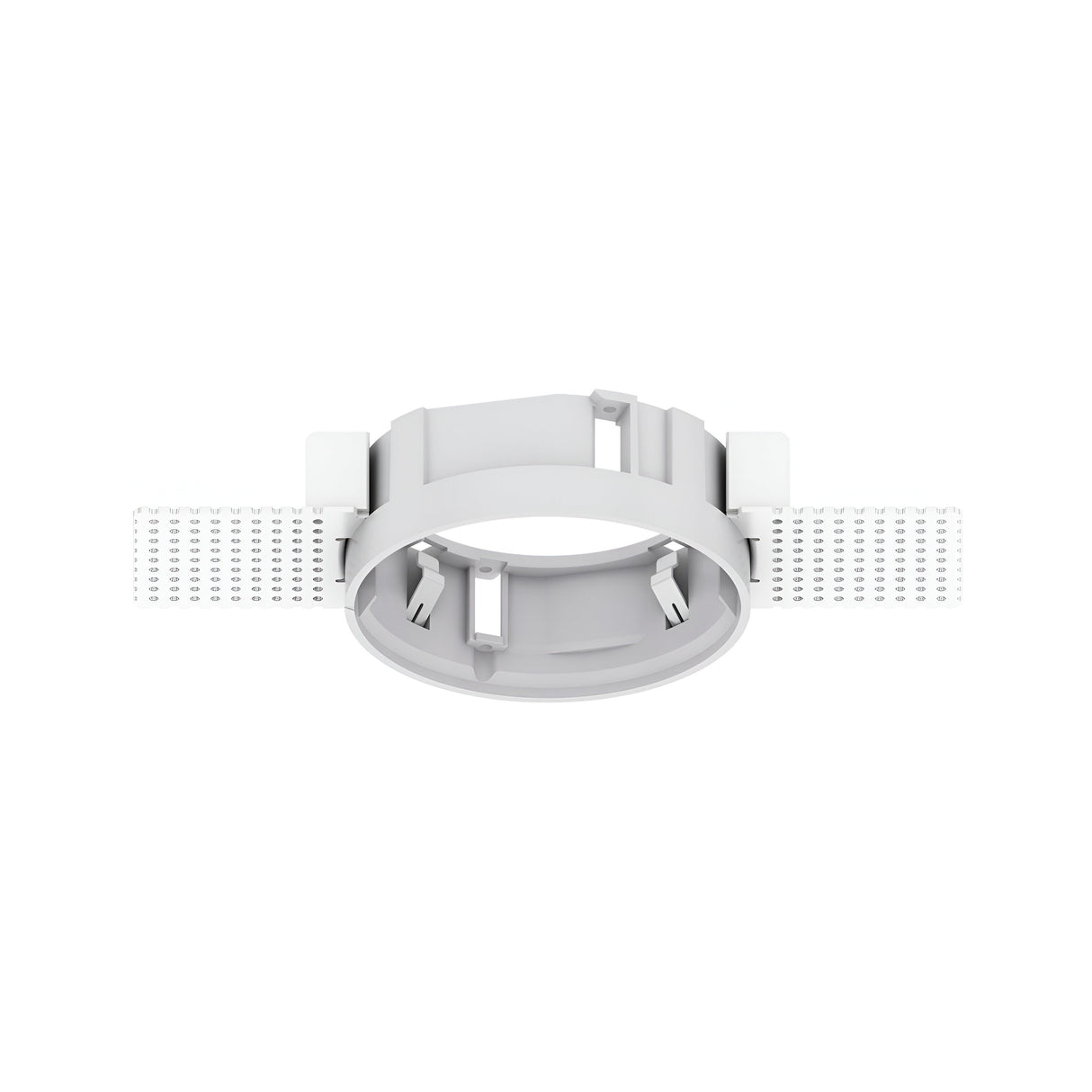 The Glistenis Trimless Round Frame for Downlight 98mm in white offers a modern aesthetic with its plastic mounting bracket and two perforated flaps extending from opposite sides. The design features a circular central section, several internal clips, and a hinged component on top, making it ideal for seamlessly securing downlights.