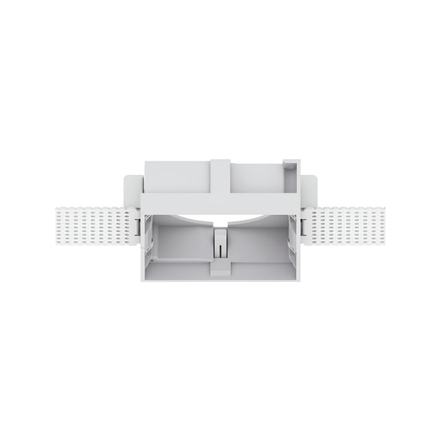 The Glistenis Small Trimless Square Frame For Downlight - White is a white plastic shelf support bracket featuring two perforated arms that extend to the sides, specifically designed for mounting and securing shelves. Its minimalist design, resembling a trimless square frame, provides a subtle yet distinct appearance against a white background.