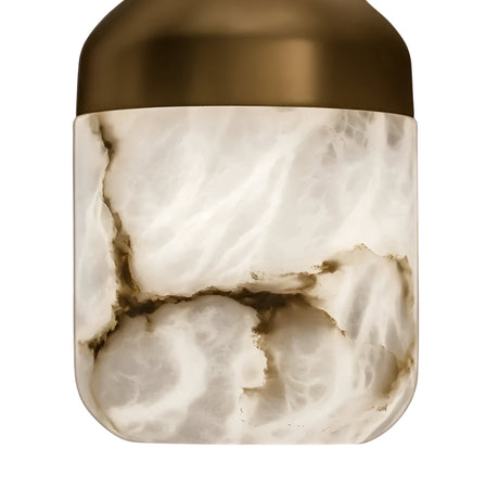 Close-up of the Valmora LED Cascade Globe Alabaster Cluster Pendant Light in Soft White, featuring a smooth marbled white and brown surface with a metallic gold cap for an elegant decorative touch.