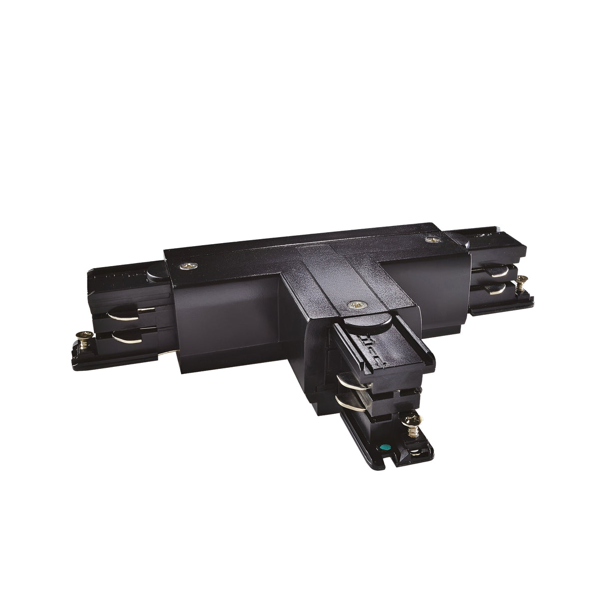 The Brillia 3-Phase Trimless T-Connector Track Right - On-Off in black features metal contacts and various components, designed for connecting track sections at a right angle within track lighting systems.