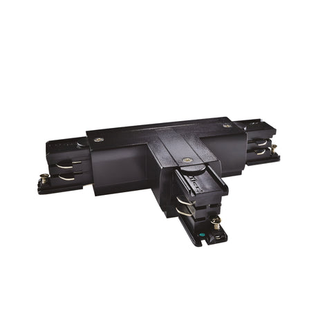The Brillia 3-Phase Trimless T-Connector Track Right - On-Off in black features metal contacts and various components, designed for connecting track sections at a right angle within track lighting systems.