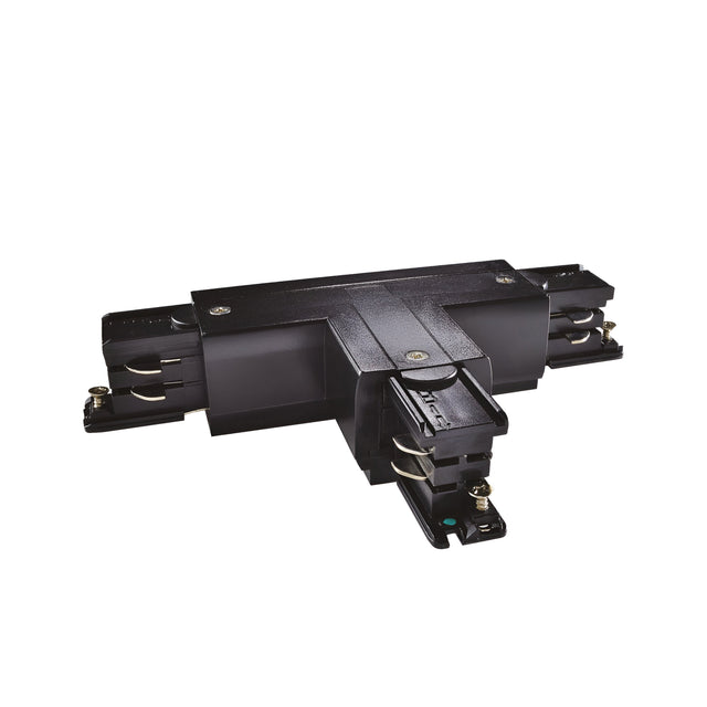 The Brillia 3-Phase Trimless T-Connector Track Right - On-Off in black features metal contacts and various components, designed for connecting track sections at a right angle within track lighting systems.