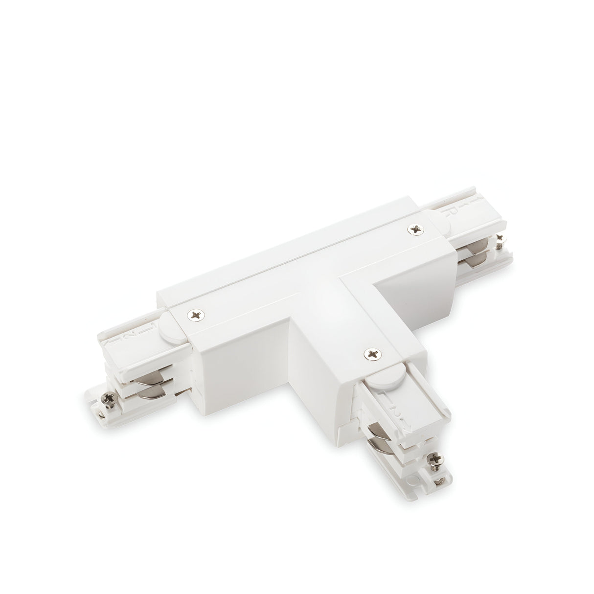 The Brillia 3-Phase Trimless T-Connector Track Right - On-Off, White features a sleek design and dimmable functionality, making it ideal for modern interiors. This white track lighting connector includes securing screws at each end to seamlessly connect three lengths of track, providing adaptable solutions for overhead lighting.