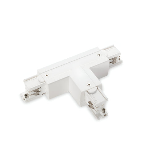 The Brillia 3-Phase Trimless T-Connector Track Right - On-Off, White features a sleek design and dimmable functionality, making it ideal for modern interiors. This white track lighting connector includes securing screws at each end to seamlessly connect three lengths of track, providing adaptable solutions for overhead lighting.