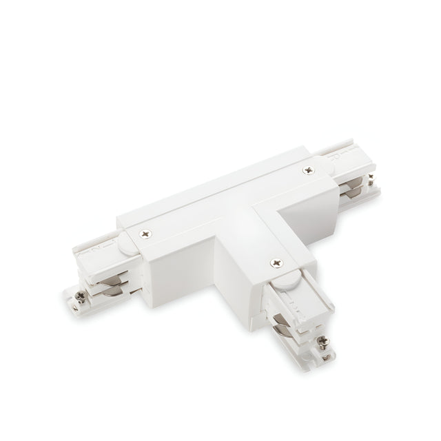 The Brillia 3-Phase Trimless T-Connector Track Right - On-Off, White features a sleek design and dimmable functionality, making it ideal for modern interiors. This white track lighting connector includes securing screws at each end to seamlessly connect three lengths of track, providing adaptable solutions for overhead lighting.