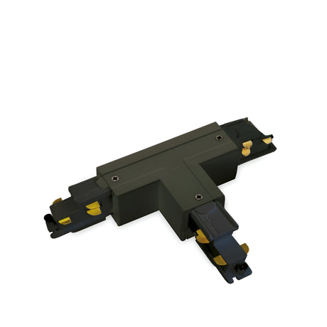 The Brillia 3-Phase Trimless T-Connector Track Left, featuring a black finish and dimmable 1-10V functionality, integrates seamlessly into a track lighting setup. Each of its three arms displays yellow attachments at the ends, while the connector is set against a plain white background.