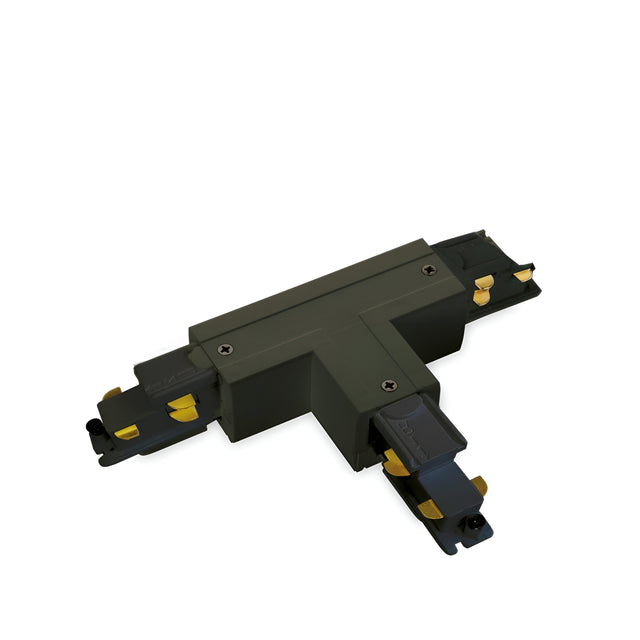 Introducing the Brillia 3-Phase Trimless T-Connector Track Right, a black connector with yellow accents designed for three-circuit track lighting systems. This dimmable product, compatible with 1-10V systems, features three connection points—one at each end of the T—to help you create the perfect ambiance.