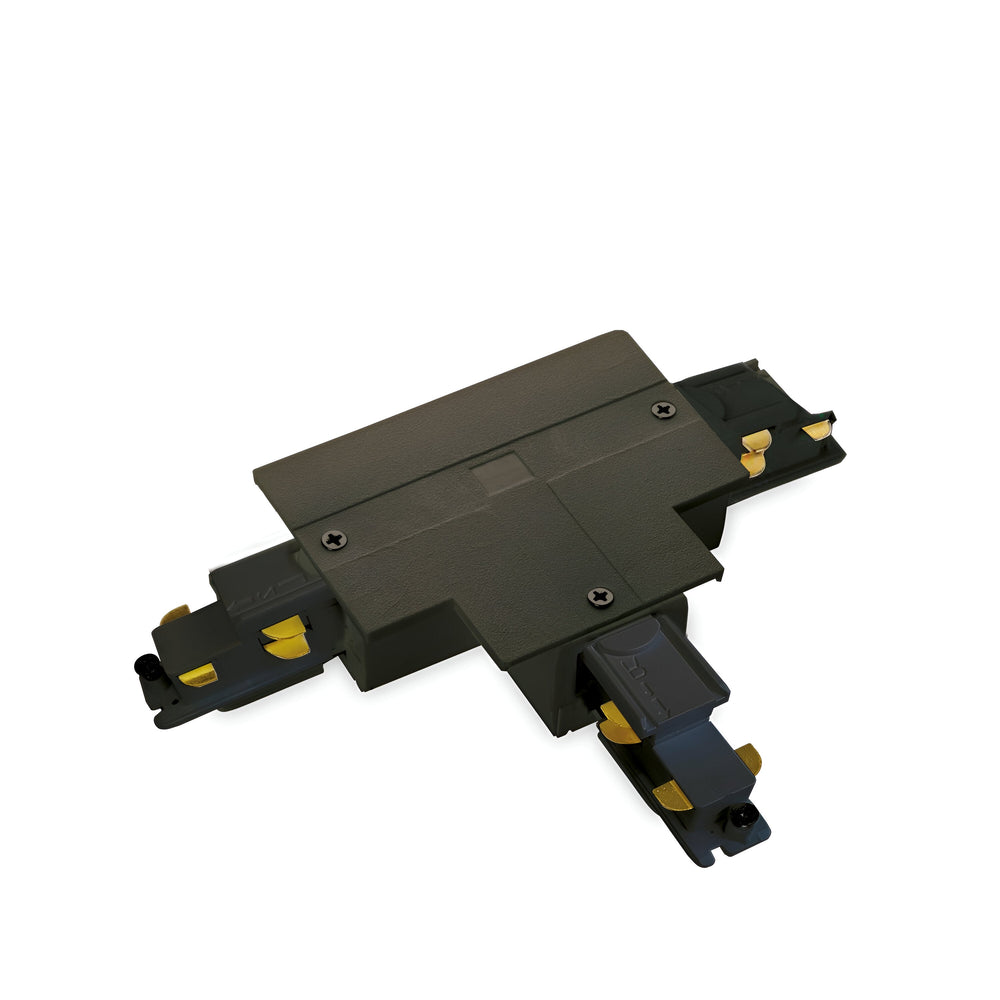 Discover the Brillia 3-Phase T-Connector Track Left in black—an elegant T-shaped connector specifically designed for 3-phase track systems. Enhanced with gold and silver detailing, it effortlessly blends into your lighting arrangement. It includes mounting slots on each end and guarantees optimal performance with dimming capabilities from 1 to 10 volts, all showcased against a plain white background.