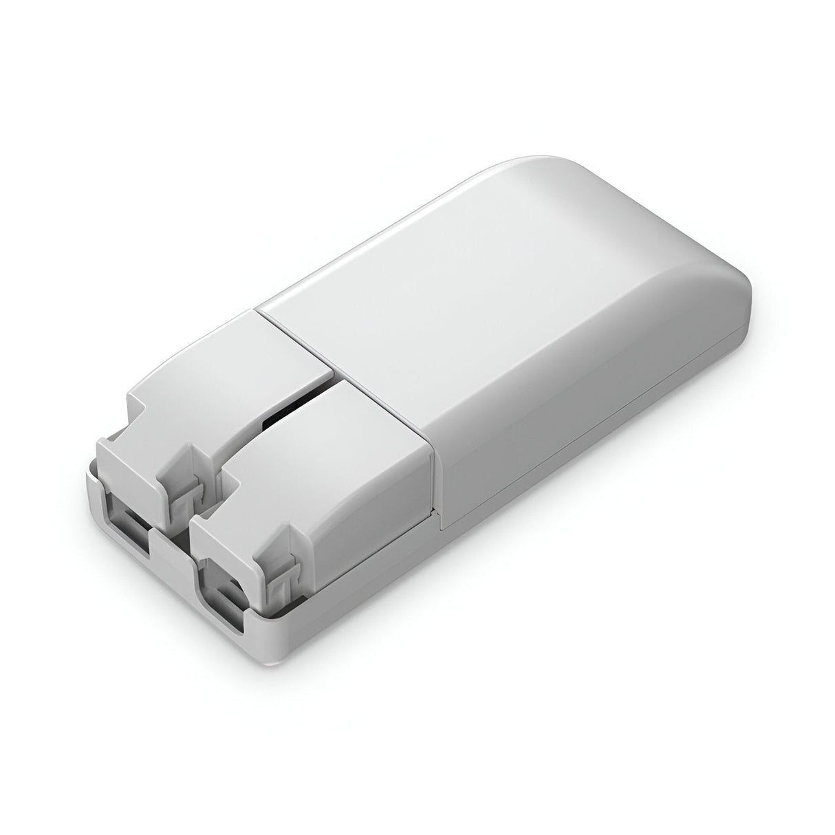 A white rectangular device with two ports, perfect for electronic or network cable connections, displayed against a plain background. This product features a sleek, minimalist design similar to the Glistenis Constant Current Dimmable LED Driver, making it ideal for contemporary setups.
