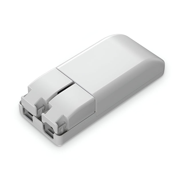 A white rectangular device with two ports, perfect for electronic or network cable connections, displayed against a plain background. This product features a sleek, minimalist design similar to the Glistenis Constant Current Dimmable LED Driver, making it ideal for contemporary setups.