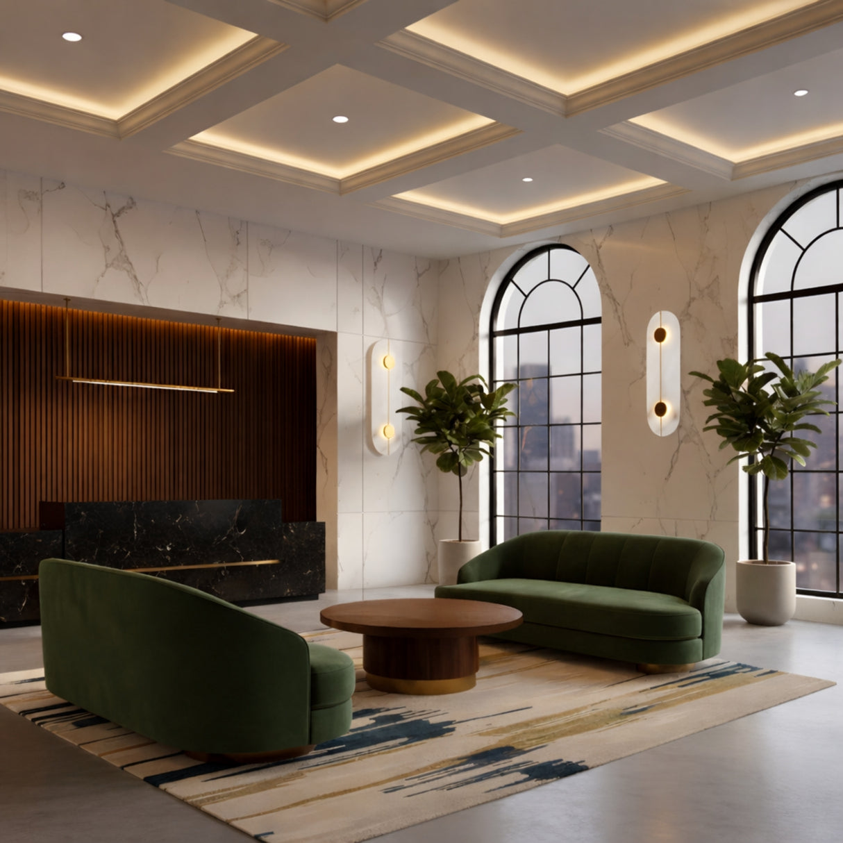 A modern lobby with marble walls, sculptural copper lighting, large arched windows, green velvet sofas set around a round wooden table, a patterned rug, potted plants, and Elaris LED Capsule Alabaster Wall Lights in soft white & brass.