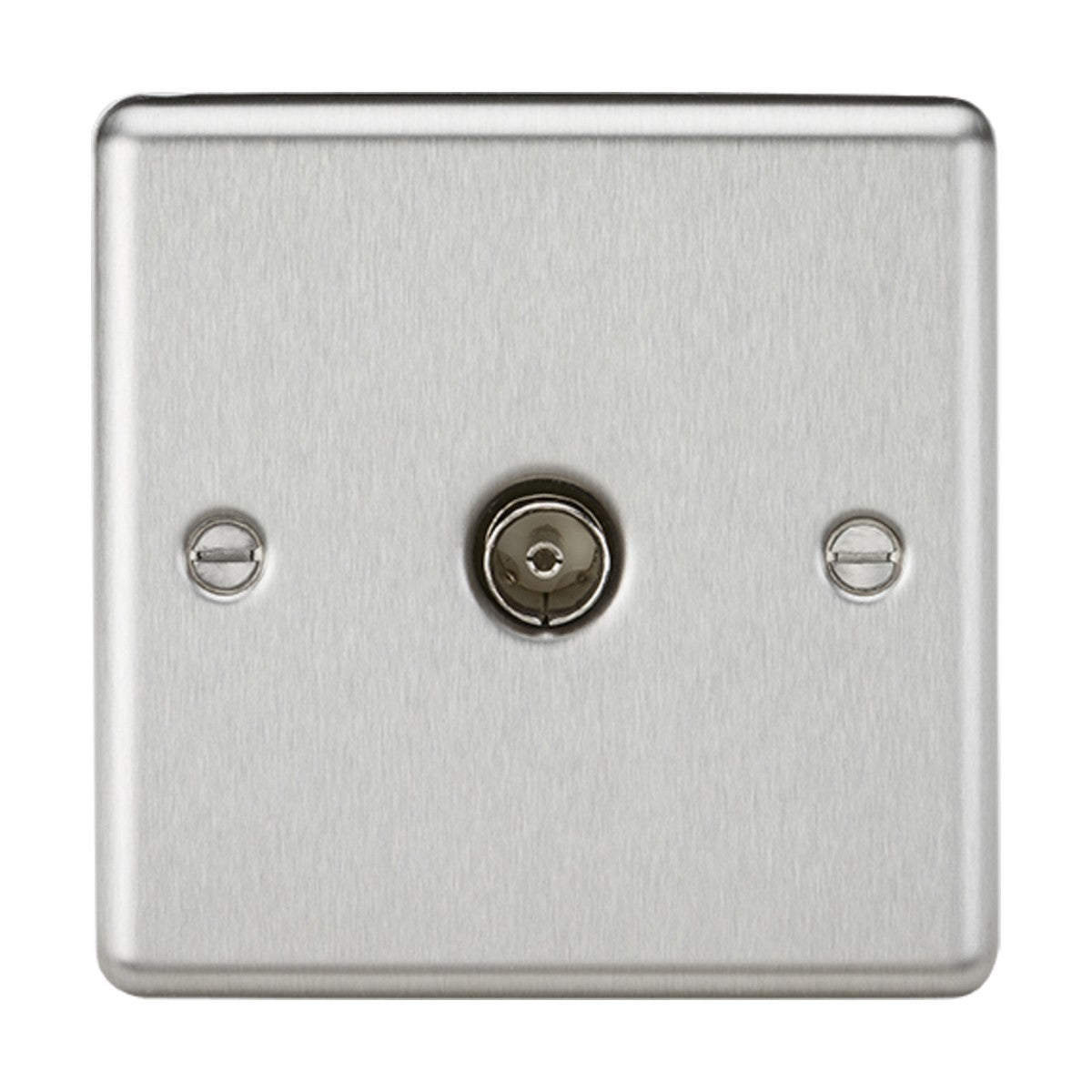 A TV Outlet (Non-Isolated) - Brushed Chrome with a central coaxial connector, secured by two screws, featuring a rounded edge design and set against a white background.