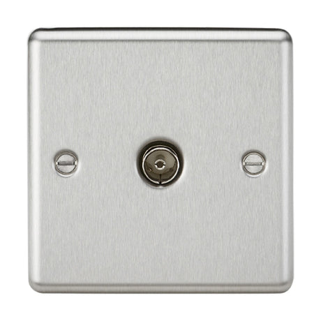 A TV Outlet (Non-Isolated) - Brushed Chrome with a central coaxial connector, secured by two screws, featuring a rounded edge design and set against a white background.