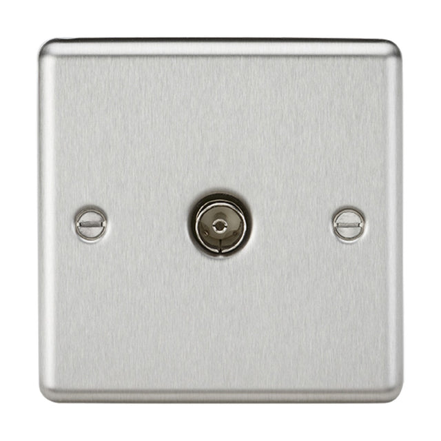 A TV Outlet (Non-Isolated) - Brushed Chrome with a central coaxial connector, secured by two screws, featuring a rounded edge design and set against a white background.