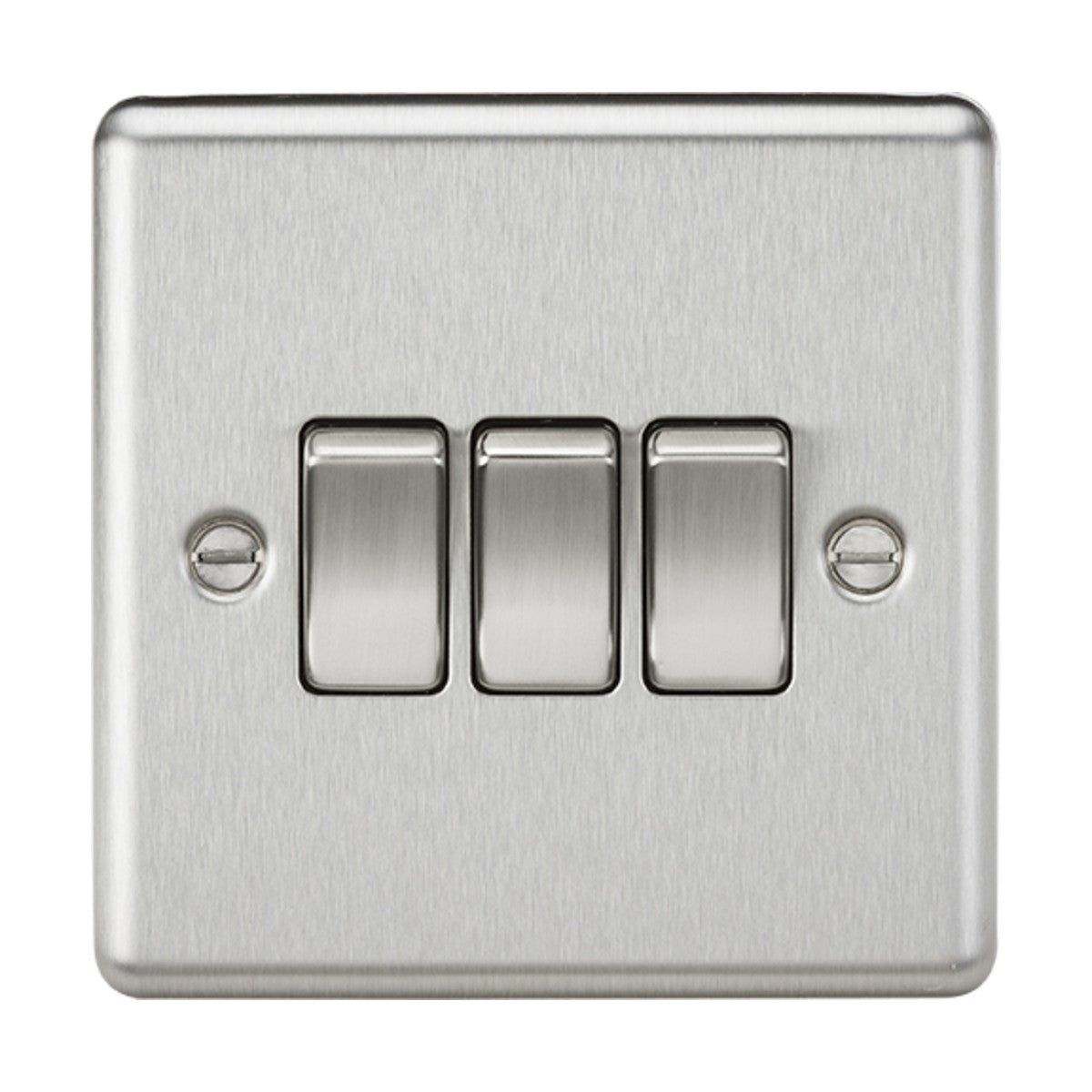 The 10AX 3 Gang 2-Way Switch in a brushed chrome finish, featuring a rounded edge design, includes three toggle switches and visible screws in the top left and bottom right corners.