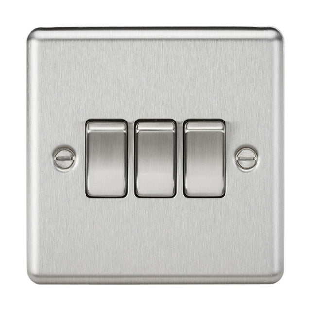 The 10AX 3 Gang 2-Way Switch in a brushed chrome finish, featuring a rounded edge design, includes three toggle switches and visible screws in the top left and bottom right corners.