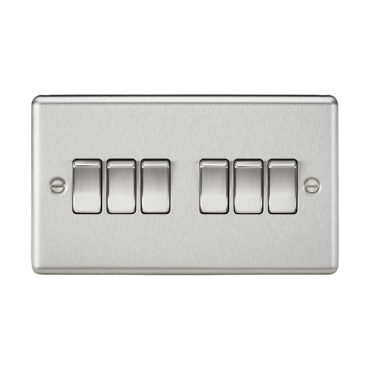 The 10AX 6 Gang 2-Way Switch - Brushed Chrome, features six horizontal rocker switches arranged in two rows of three. Designed for modern interiors with a sleek brushed chrome finish, it’s mounted against a white background.